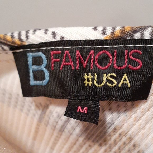 B Famous #USA Gold Black Cream Gingham Squares Asymetrical Shirt - Size Medium - Picture 7 of 7
